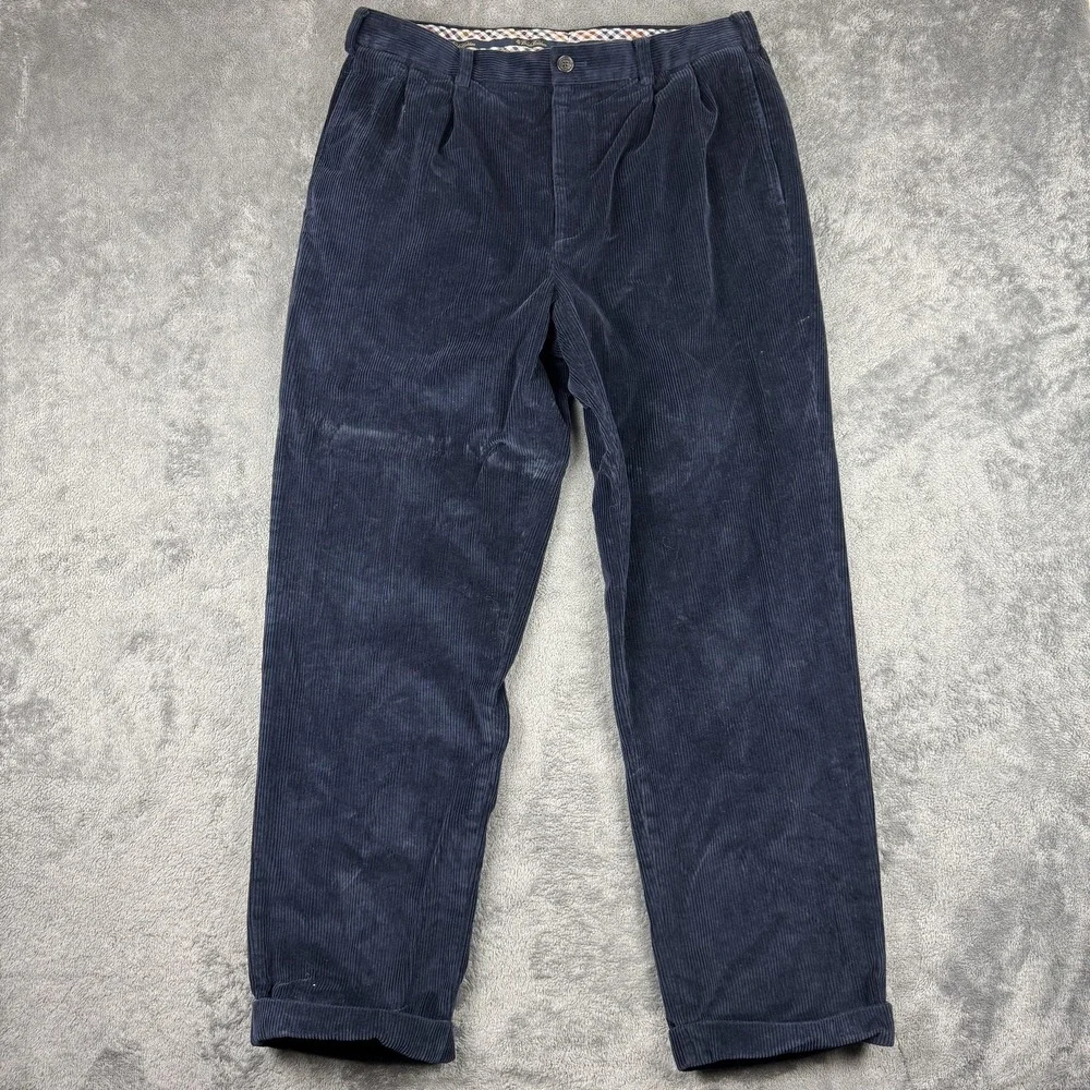 Brooks Brothers Corduroy Pants Mens 34x30 Navy Blue Elliot Pleated Cuffed Cotton